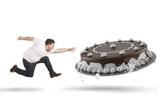 Fat man runs fast to eat a big cake photo