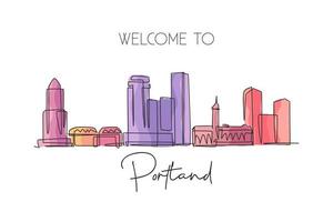 Single continuous line drawing of Portland city skyline, USA. Famous city scraper and landscape. World travel concept home wall decor art poster print. Modern one line draw design vector illustration