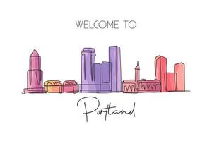 dibujo de una sola línea continua del horizonte de la ciudad de portland, estados unidos. famoso raspador y paisaje de la ciudad. impresión del cartel del arte de la decoración de la pared del hogar del concepto del viaje del mundo. Ilustración de vector de diseño de dibujo de una línea moderna