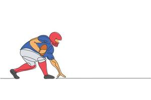 One continuous line drawing of young american football player stance to run fast to reach goal line for competition poster. Sport teamwork concept. Dynamic single line draw design vector illustration