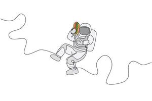 Single continuous line drawing of spaceman holding and eating delicious hot dog in nebula galaxy. Fantasy fiction of outer space life concept. Trendy one line draw graphic design vector illustration