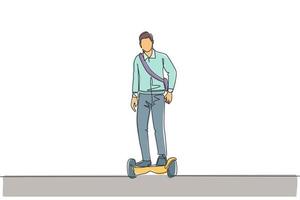 un dibujo de línea continua de un joven trabajador feliz de pie y viaje en hoverboard a la oficina. transporte verde. concepto de estilo de vida urbano futuro. Ilustración de vector de diseño de dibujo de línea única dinámica