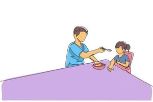 One continuous line drawing young dad feeding his sick fever daughter while siting on dining chair at home. Happy family parenting concept. Dynamic single line draw design vector graphic illustration