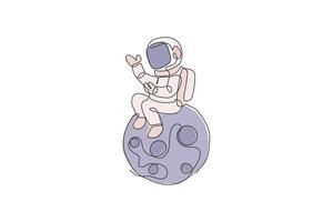 One continuous line drawing of cosmonaut exploring outer space. Astronaut sitting on full moon. Fantasy cosmic galaxy discovery concept. Dynamic single line draw design vector graphic illustration