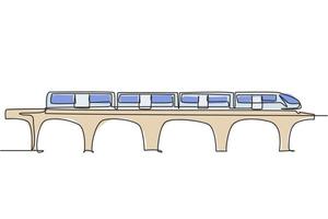 Single one line drawing of train seen from the front prepares to carry passengers quickly, safely and comfortably to their destination. Modern continuous line draw design graphic vector illustration.