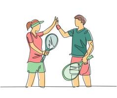 One line drawing of young fun couple male and female playing tennis at grass court together and giving high five gesture. Relationship concept continuous line draw graphic design vector illustration