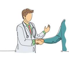 Continuous line drawing of young doctor shaking hand the patient in hospital. Healthcare medical check up concept. One line drawing vector illustration