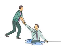 One single line drawing of young energetic businessman helps pull his colleague who falls into the hole to go out. Business teamwork support concept continuous line draw design vector illustration