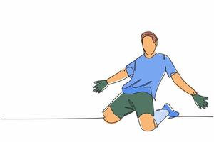 One continuous line drawing of young sporty soccer player spreading his arms and sliding over the field. Match goal scoring celebration concept single line draw design vector illustration