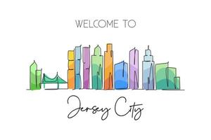 One continuous line drawing of Jersey City skyline, New Jersey. Beautiful landmark. World landscape tourism travel home wall decor poster print. Stylish single line draw design vector illustration