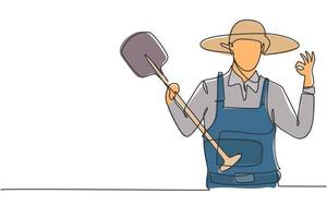 dibujo de una sola línea de granjero con gesto bien con sombrero de paja y pala para trabajar en la granja. concepto de negocio de éxito. Ilustración de vector gráfico de diseño de dibujo de línea continua moderna