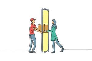 El mensajero masculino de dibujo continuo de una línea entrega el paquete de la caja, a través de la pantalla del teléfono inteligente, a la clienta hijab. concepto de servicio de entrega en línea. Ilustración gráfica de vector de diseño de dibujo de una sola línea