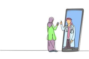 Paciente femenina hijab de dibujo continuo de una línea sosteniendo un teléfono inteligente de pie frente a un teléfono inteligente gigante y un médico consultor. doctor en línea. Ilustración gráfica de vector de diseño de dibujo de una sola línea