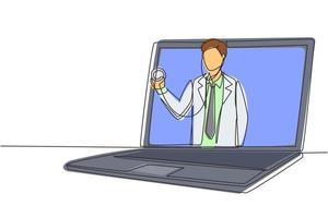 Un médico varón de dibujo de línea continua sale de la pantalla del portátil sosteniendo un estetoscopio. servicios médicos online, consulta médica. Ilustración de vector de diseño gráfico de dibujo de una línea dinámica