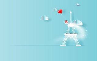 3D Paper art of red balloons heart gift floating in sky with landscape cloudscape view shadow. Scene place for your text space in Eiffel tower Paris travel holiday concept. Blue color pastel.vector. vector