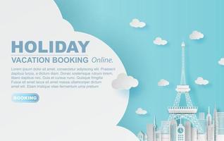 Paper art of Traveling holiday hotel booking Eiffel tower Paris city,Website Travel landmarks city pastel color suitcase concept your text space background,Illustration of idea design vacation.vector. vector