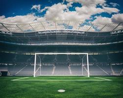 Soccer goalpost and stands in the stadium. 3D Rendering photo