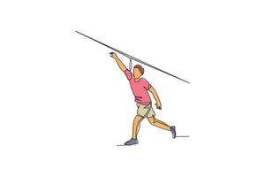 One single line drawing of young energetic man exercise long throwing javelin with power vector graphic illustration. Healthy lifestyle athletic sport concept. Modern continuous line draw design