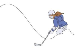 One continuous line drawing of young professional ice hockey player exercising and practicing on ice rink stadium. Healthy extreme sport concept. Dynamic single line draw design vector illustration