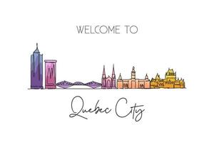 Single continuous line drawing Quebec skyline, Canada. Famous city scraper landscape. World travel destination postcard print concept. Editable stroke modern one line draw design vector illustration