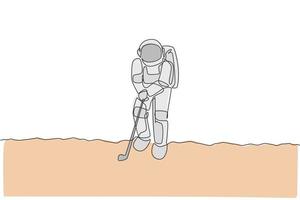 One single line drawing of spaceman astronaut practicing golf on moon surface, cosmic galaxy vector illustration. Healthy space cosmonaut lifestyle sport concept. Modern continuous line draw design