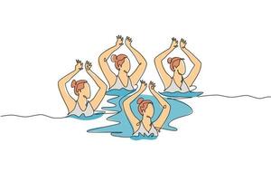 One continuous line drawing of young sporty women synchronized swimmer perform beauty movement in the water pool. Healthy fitness sport concept. Dynamic single line draw design vector illustration