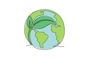 hoja verde en el mundo. Icono gráfico del mapa global natural del mundo de una sola línea continua. Doodle simple de una línea para salvar el concepto de tierra. diseño minimalista de la ilustración del vector aislado en el fondo blanco