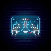Neon Turntable sign. Glowing sound mixer icon. Hands on DJ mixer. Night bright signboard for dj, party, night club. vector