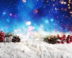 Christmas element on the snow with pine and garland photo