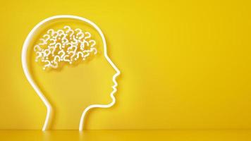 Big head with question marks inside brain on a yellow background. 3D Rendering photo