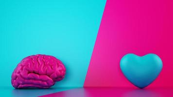 Comparison between reason and feeling. Brain and heart on a two tone background. 3D Rendering photo