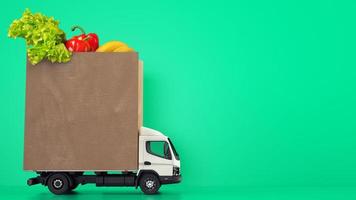 Delivery of the grocery shopping bag at home with a van on green background. photo