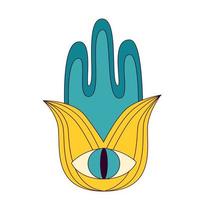 Hamsa hand retro icon. Fatima eye 1970 fantasy abstract style. Ethnic esoteric amulet protecting from evil eye. Indian Arabic or Jewish traditional symbol. For card sticker print. Vector illustration.