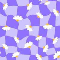 Distorted checkered with daisy flowers seamless pattern. Groovy 1970 retro grid psychedelic background. 1990 aesthetic vibe. Funky y2k square templates. Vector illustration.