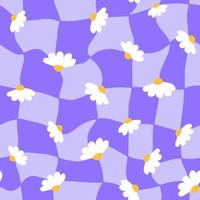 Distorted checkered with daisy flowers seamless pattern. Groovy 1970 retro grid psychedelic background. 1990 aesthetic vibe. Funky y2k square templates. Vector illustration.