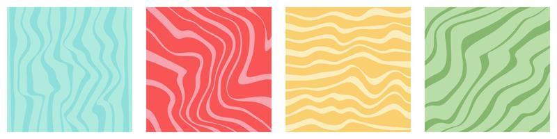 Wavy lines square templates set. 1970 retro groovy liquid lines background. Swirl psychedelic trippy textures. Aesthetic electric inspired strips. Vector illustration.