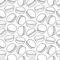 French macarons cookies doodle sketch seamless pattern. Hand drawn macaron sweet candy. Outline confection cakes background. Dessert pastry decor. Vector illustration.