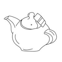 Teapot with teabag inside doodle sketch icon isolated on white. Simple hand drawn outline style. Tea time. For cafe menu flyers card. Vector illustration.