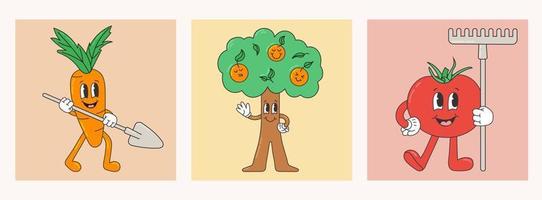 Set with garden characters, plants in trendy retro cartoon style. Tree with orange fruits with different facial expressions. Carrot with a shovel. Tomato is holding a rake. vector