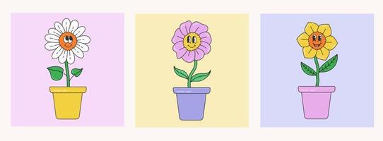 Abstract plants. Simple domestic Flowers in pots with faces. Floral design in retro cartoon style. vector