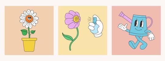 resumen plantas. sencillo Doméstico flores en ollas con caras. retro dibujos animados personaje de riego lata para flores vector