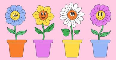 Abstract plants. Simple domestic Flowers in pots with faces. Hand drawn colored Vector Set. Floral design, retro cartoon style art. Colorful trendy illustration.