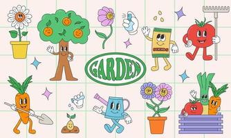 Spring gardening collection. Trendy retro cartoon style illustrations of flowers and funny cute plant. Vintage character vector art elements.