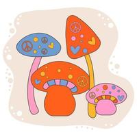 Card, poster, sticker, banner with colored mushrooms with peace signs in bright neon colors in hippie style vector