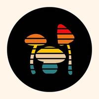 Icon, sticker, button with mushrooms in bright rainbow colors in hippie style. Retro vector