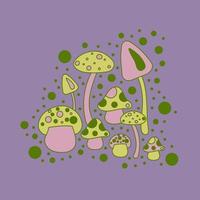 Postcard, poster, sticker, banner with differents green mushrooms with a dark stroke in hippie style on waves background in green colors vector