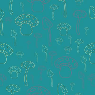 Seamless pattern, background neon one line mushrooms on blue background in hippie style