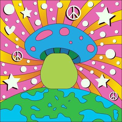Icon, sticker, button with mushroom on Earth on wave psychedelic background with stars, hearts in retro hippie style