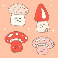 Set of mushrooms with funny faces in retro hippie style vector