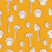 Seamless pattern with line mushrooms in warm yellow colors in hippie style. vector